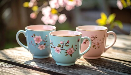 Fototapeta premium A set of three elegant pastel-colored teacups with vintage cherry blossom illustrations and gold rims, resting on a wooden table in a sunlit garden.