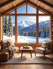 Obraz premium Cozy cabin room with mountain view