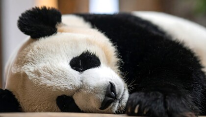 Naklejka premium A giant panda lies sleeping peacefully, its black and white fur soft and fluffy