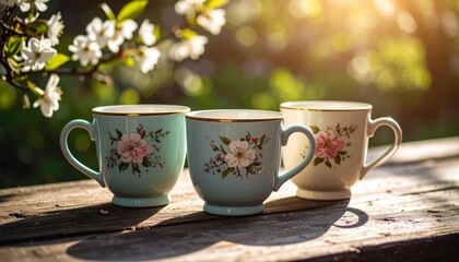 Fototapeta premium A charming trio of vintage pastel teacups with floral patterns on a rustic wooden table in a sunlit spring garden