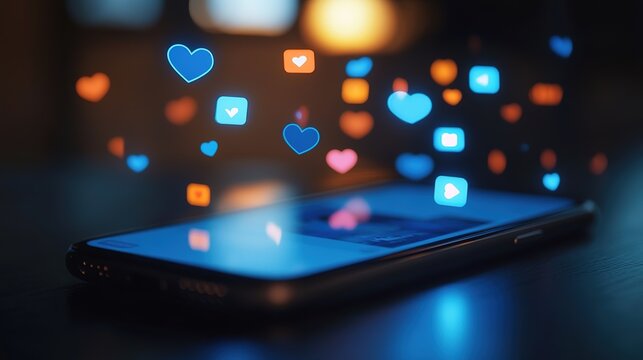 A smartphone with floating social media icons representing likes and shares, creating a vibrant digital atmosphere.