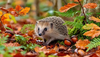 Cute hedgehog in autumnal forest