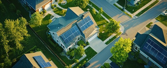 Aerial view of a suburban house, smart home powered by photovoltaic solar cells