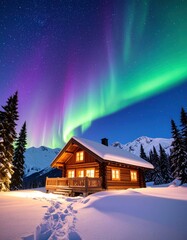 Cozy cabin under aurora borealis (1)