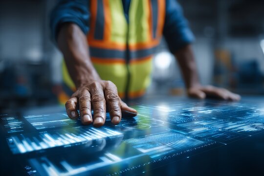 Worker interacts with digital touchscreen in industrial environment showcasing data analytics - Powered by Adobe