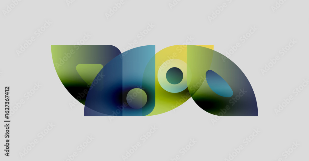 Poster abstract shapes overlap, creating colorful design. circles, curves, gradients dominate composition. 