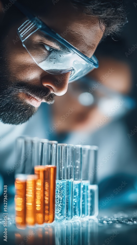 Poster close up of a scientist in safety glasses examining test tubes with colorful liquids in a dark lab s