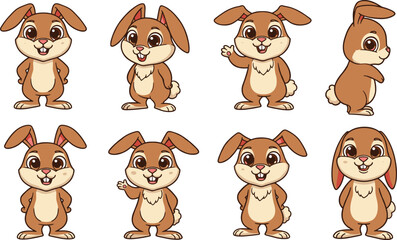 Adorable cartoon rabbit character set in multiple poses, front, side, back, waving, smiling, standing position, kids animal mascot, flat vector illustration