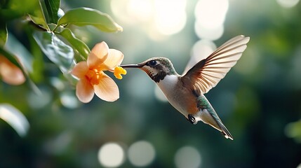 Fototapeta premium Hummingbird Flitting Between Flowers in Soft Natural Light