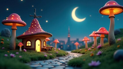 Fototapeta premium Enchanting Mushroom Village Under a Crescent Moonlit Night Sky