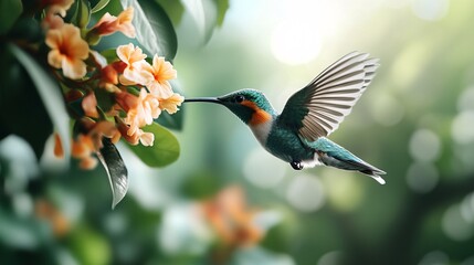 Fototapeta premium Hummingbird Hovering Above Colorful Flowers in Natural Environment