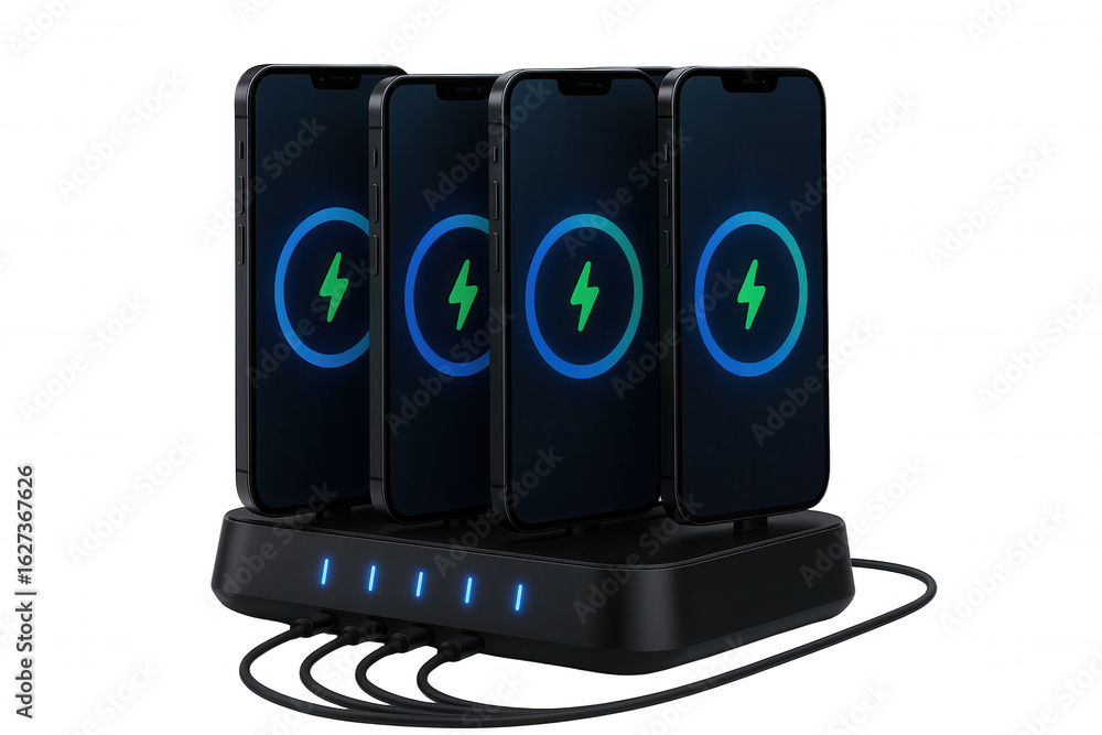 Poster multiple smartphones charging simultaneously on a multi-device charging station with illuminated ind