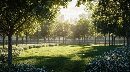3d render of small fenced grove in middle of city