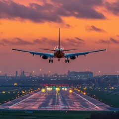 Airplane landing at sunset over city (7)