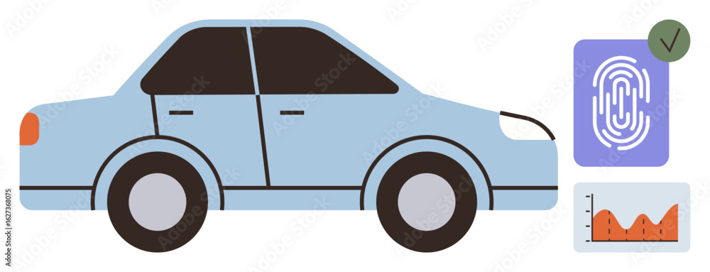 Poster blue car with fingerprint scanner and graph elements, symbolizing biometric authentication, security