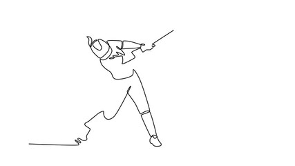 Self drawing animation single line draw baseball woman athlete swing the bat with speed on outdoor sport field. Softball player hit the ball on exercise ground. Continuous line. Full length animated - Powered by Adobe