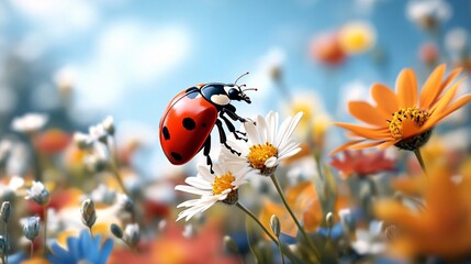 Naklejka premium Ladybug Flying Through Colorful Meadow with Fast Beating Wings