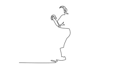 Self drawing animation of single line draw female baseball player getting ready to pitch the ball during game outdoors. Pitcher training for match or competition. Continuous line. Full length animated - Powered by Adobe