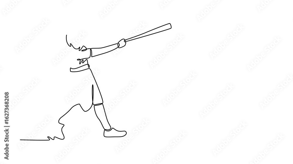 Poster animated self drawing continuous line draw side view of attractive baseball batter hitting ball duri