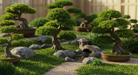 Miniature zen garden with bonsai trees and a stone bridge.