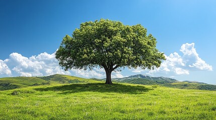 Fototapeta premium Lone tree stands tall in a grassy field.