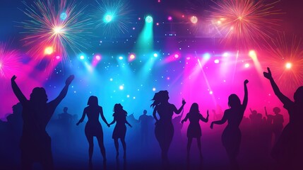 Obraz premium Colorful creative vector scene of a night party with silhouettes dancing under multicolor spotlights and fireworks
