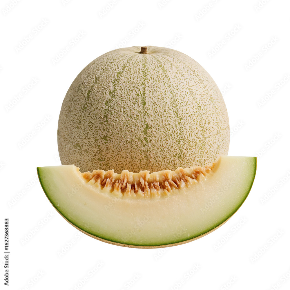 Poster isolated cantaloupe duet showcasing the textured rind and succulent slice on simple setting