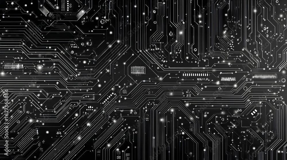 Poster abstract ai circuit board background. technology connected white lines with electronics elements on 