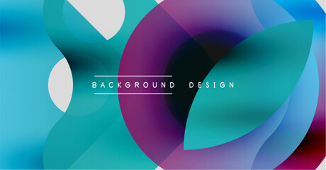 Abstract fluid shapes, vibrant colors blend. Modern design features overlapping circles, gradients. Background text reads background design.