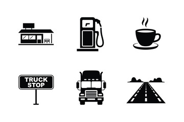 Truck stop building gas pump hot coffee truck sign and highway vector
