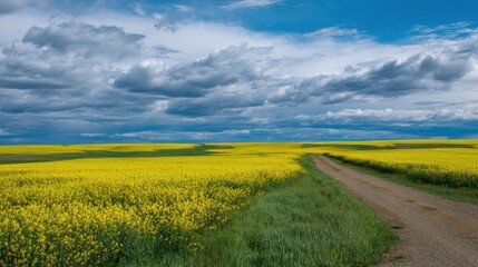 Obraz premium A dirt road winds through bright yellow fields in the countryside, framed by a vibrant sky with swirling clouds, capturing the essence of late spring's beauty.