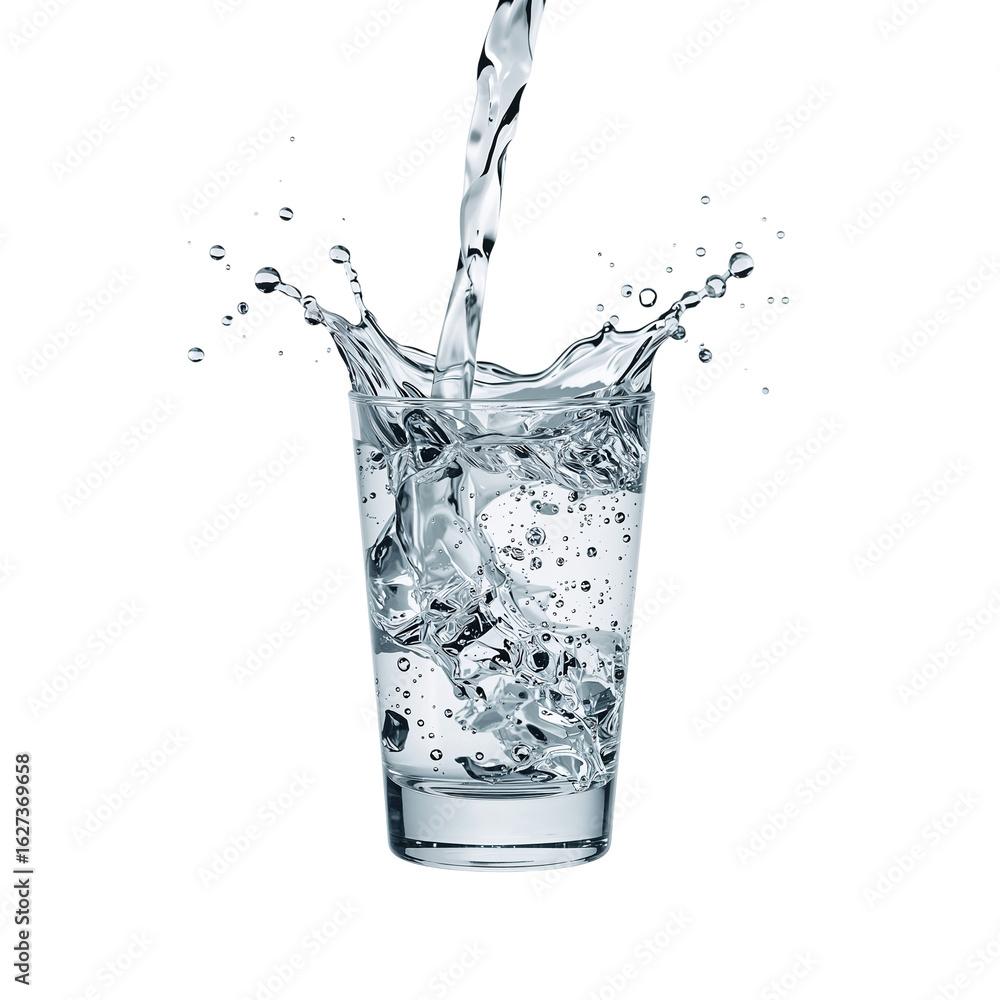 Aufkleber clear glass filled with a dynamic splash of refreshing liquid on transparent stage creates visual