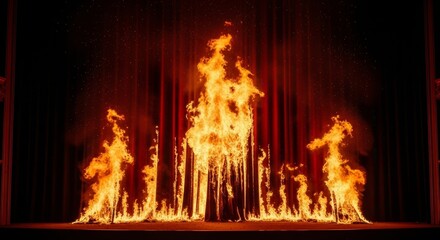 Inferno Stage Performance - Fiery spectacle, intense flames engulfing stage, dramatic red curtain backdrop, burning figures, symbolic of destruction and rebirth