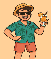 A funky young man in beachwear smiles brightly, holding a cocktail.