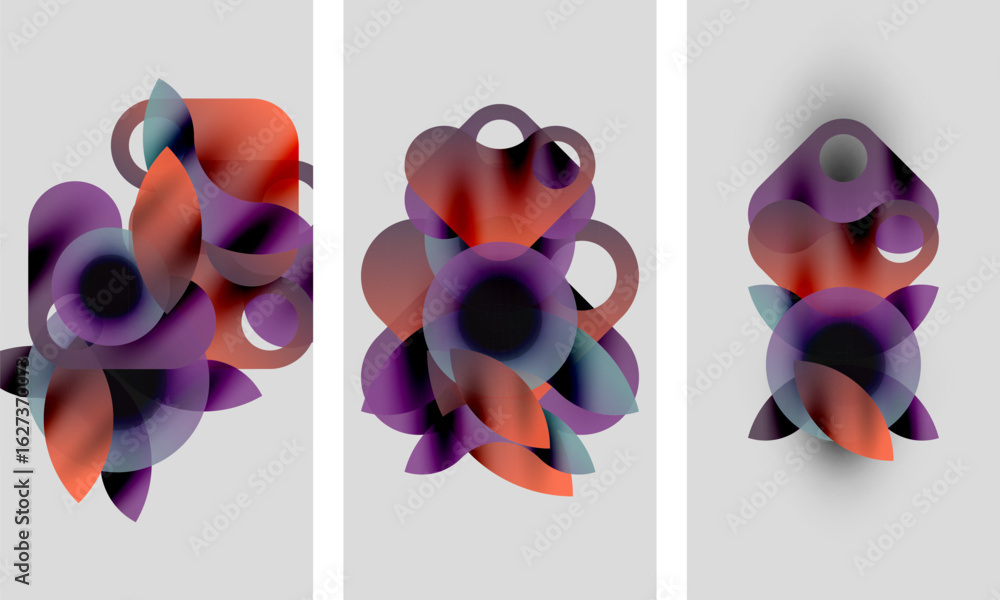 Poster abstract artwork. three panels display overlapping colorful shapes, gradients, soft edges. compositi