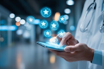 Doctor checking health ratings using smartphone in a hospital setting during the day