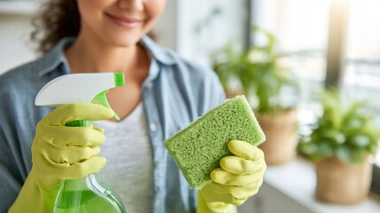 In a bright kitchen, a woman wearing yellow gloves holds a green sponge and a spray cleaner, focused on her cleaning task among houseplants and natural light.