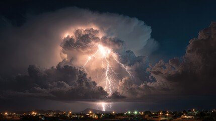 A powerful thunderstorm moves over a city at night, illuminating dark clouds with brilliant flashes of lightning. The vibrant display captivates viewers.