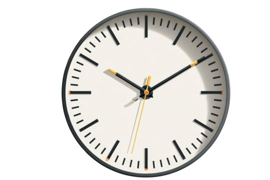 Modern Minimalist Wall Clock with White Face and Black Frame - Timekeeping, Office Decor onIsolated Transparent Background