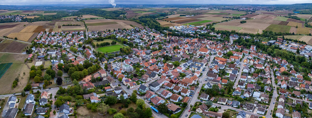 Aerial view of the city Meimsheim in Germany. On a overcast day in Autumn.