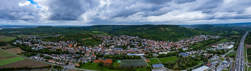 Aerial view around the city Erlenbach
 in Germany. On a overcast day in spring.