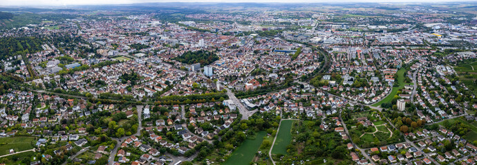 Aerial view around the city Heilbronn in Germany. On a overcast day in spring.
