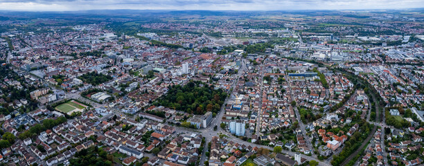 Aerial view around the city Heilbronn in Germany. On a overcast day in spring.