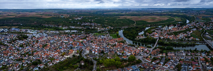 Aerial view around the city Lauffen in Germany. On a overcast day in spring.
