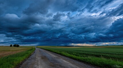 Fototapeta premium Dramatic clouds gather over a rural dirt road surrounded by green fields and a distant horizon during the late afternoon. The atmosphere suggests an impending storm.