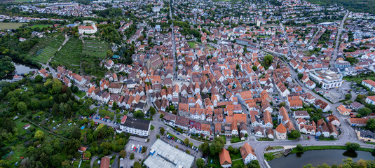 Aerial view around the city Vaihingen an der Enz in Germany. On a overcast day in spring.