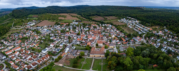 Aerial view around the city Freudental
 in Germany. On a overcast day in spring.