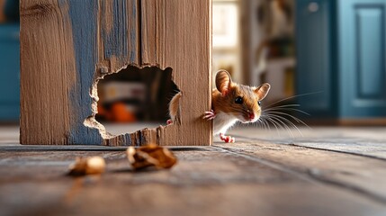 Quick Mouse Scurrying into Hole in the Wall from Wooden Block