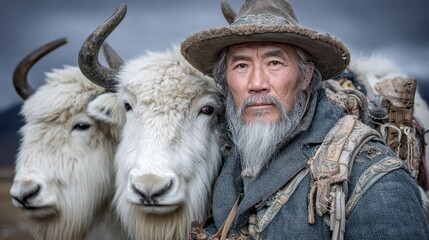Portrait of a man with a long white beard and a wide brimmed hat standing with two white yaks. Cold weather, snowy background.