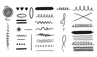 Collection of hand drawn decorative elements and design lines in black and white